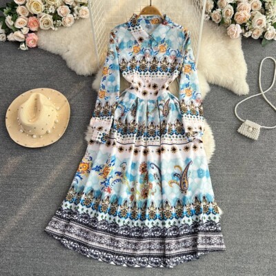 Runway Vintage Floral Print Midi Dress Women's Turn Down Neck Long m-xxl |  eBay