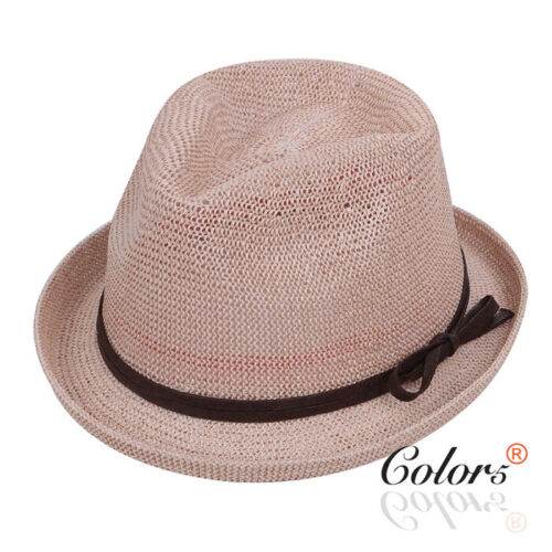 Women Crochet Paper Straw Fedora Trilby Hat Cap with Belt Band Pink 58 Cm - Picture 1 of 4