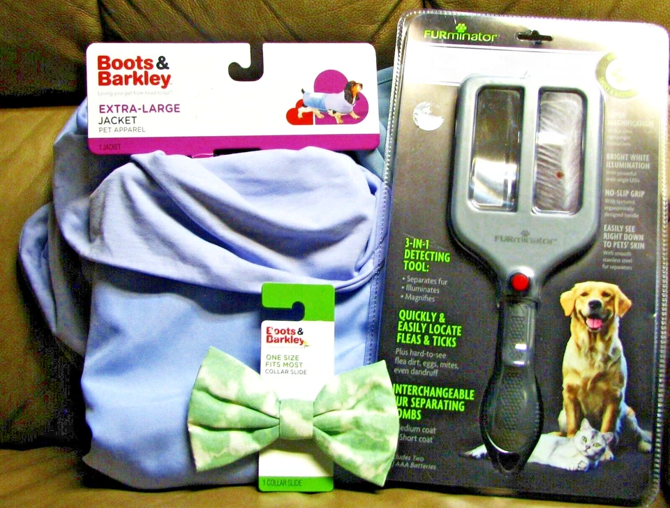 New XL..BLUE/GREEN  PET  JACKET & TIE-DYE BOW,   BRUSH & 2 CHRISTMAS HEADBAND - Image 2 of 4