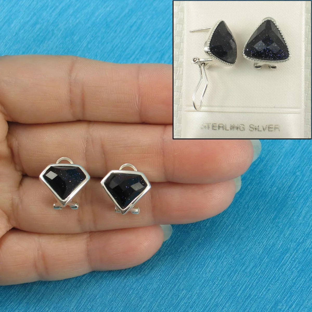 Solid Sterling Silver Omega Back Diamond Shaped Cut Blue Sandstone Earrings TPJ