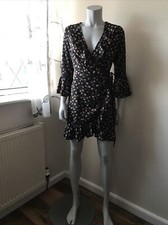 PRETTY LITTLE THING Black Floral Print Frill Wrap Tea Dress Size 8 NEW With Tags