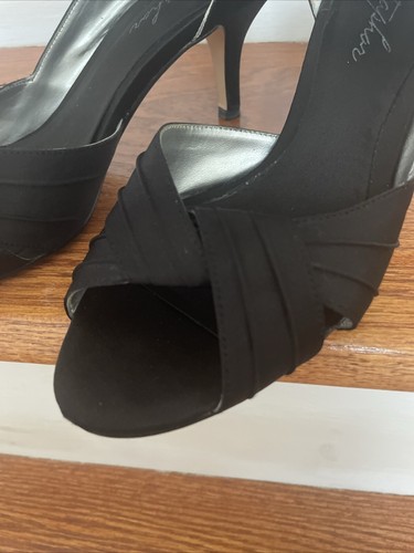 Dressy Slip-on Open Toe Matte Black Satin 7Med 1.5” Heeled Shoes Worn Once - Picture 2 of 12