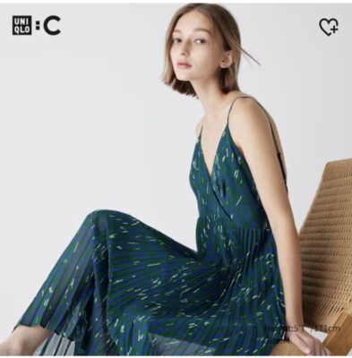 uniqlo pleated camisole dress NWT Uniqlo Pleated Camisole Printed Dress Size L light Blue with Red Dots