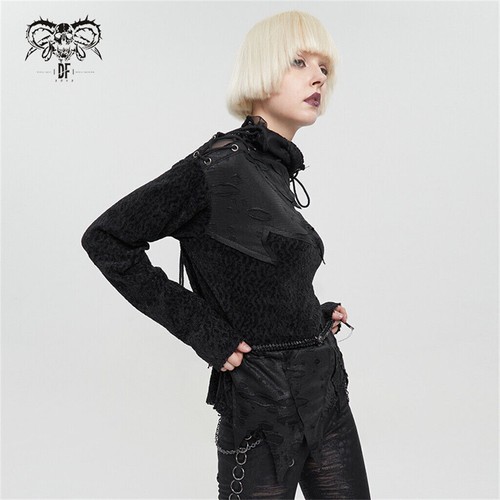 T-shirt donna moda diavolo nera punk strappata manica lunga irregolare top elastico - Foto 3 di 20