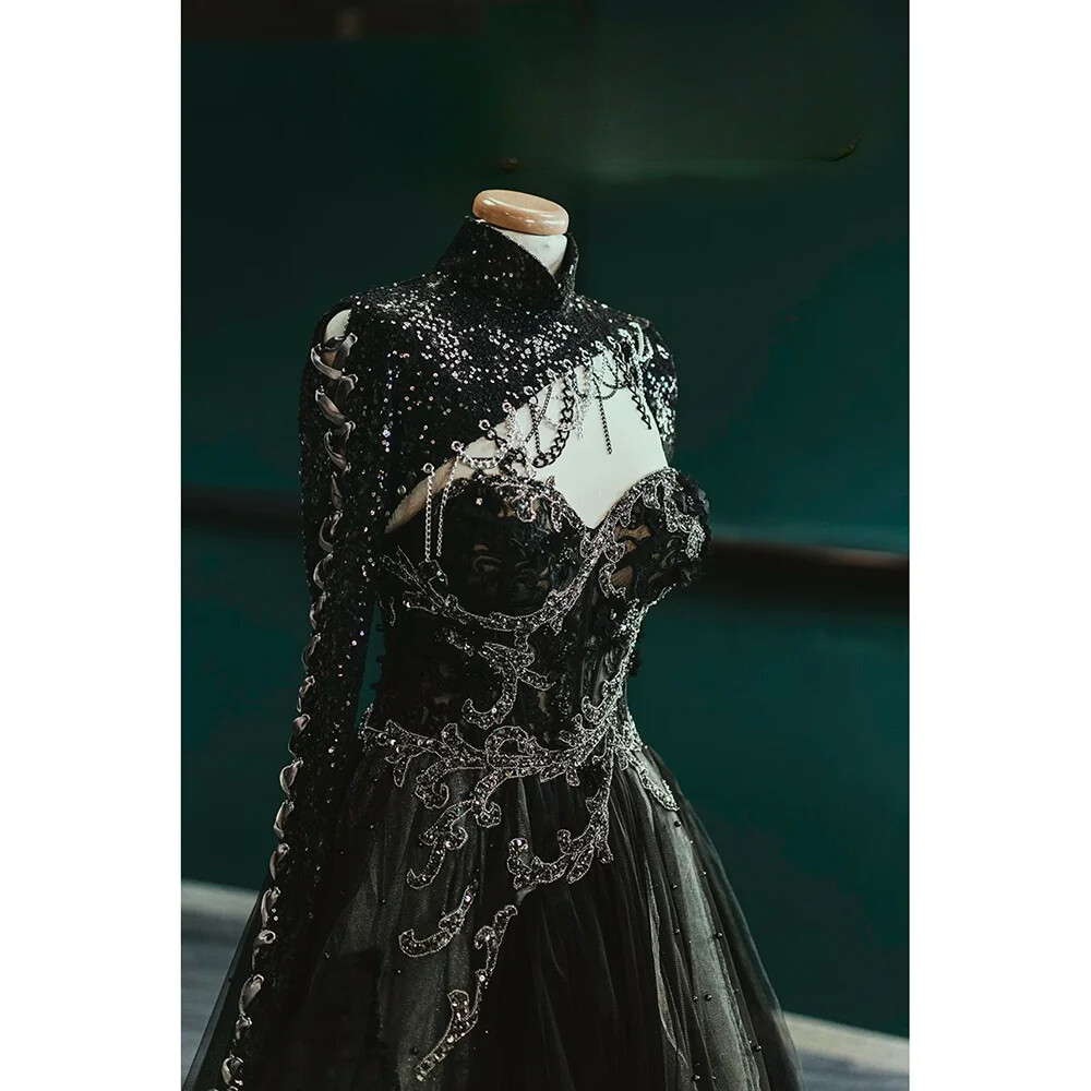 Black Evening Dress Fashion High Collar Wedding dress Pearls Floor Length A- Line | eBay