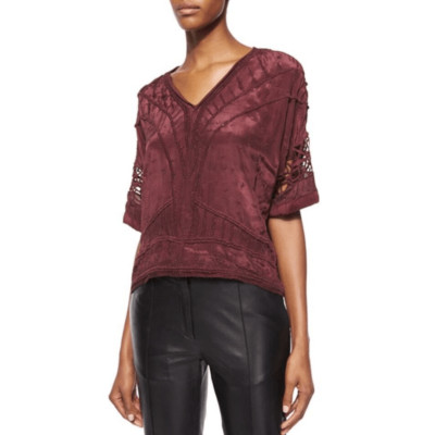 IRO Brynn Short Sleeve V-Neck Blouse Top Burgundy - size 36 / Small