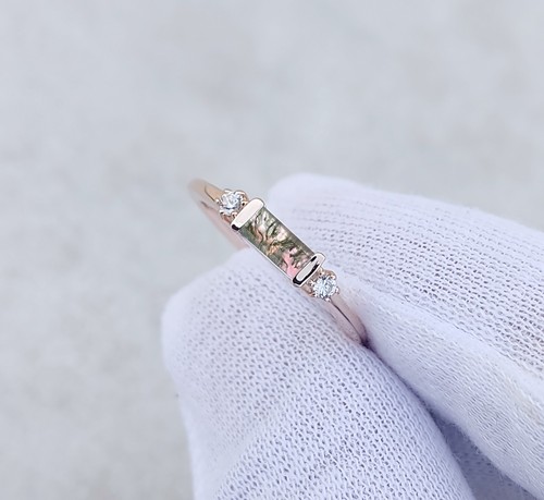 Natural Moss Agate Baguette Bar Delicate Sterling Silver Stackable Ring For Her - Picture 2 of 6