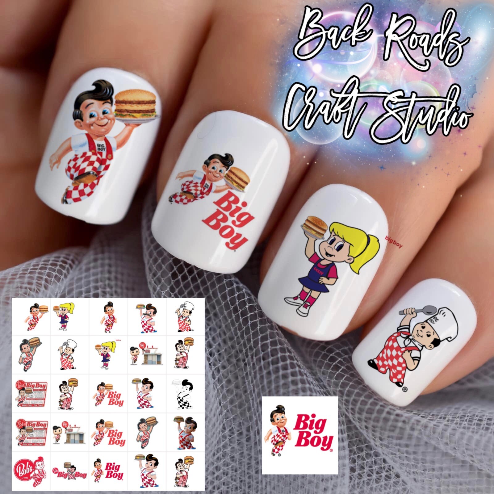Juego de 50 calcomanías de uñas Big Boy Restaurant Waterslide bonificación e instrucciones