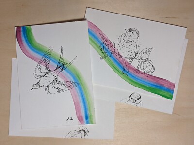 Blank Hand-Painted/ drawn 4''x6'' Note Card Set- Bird 2 pack Cards with Envelopes