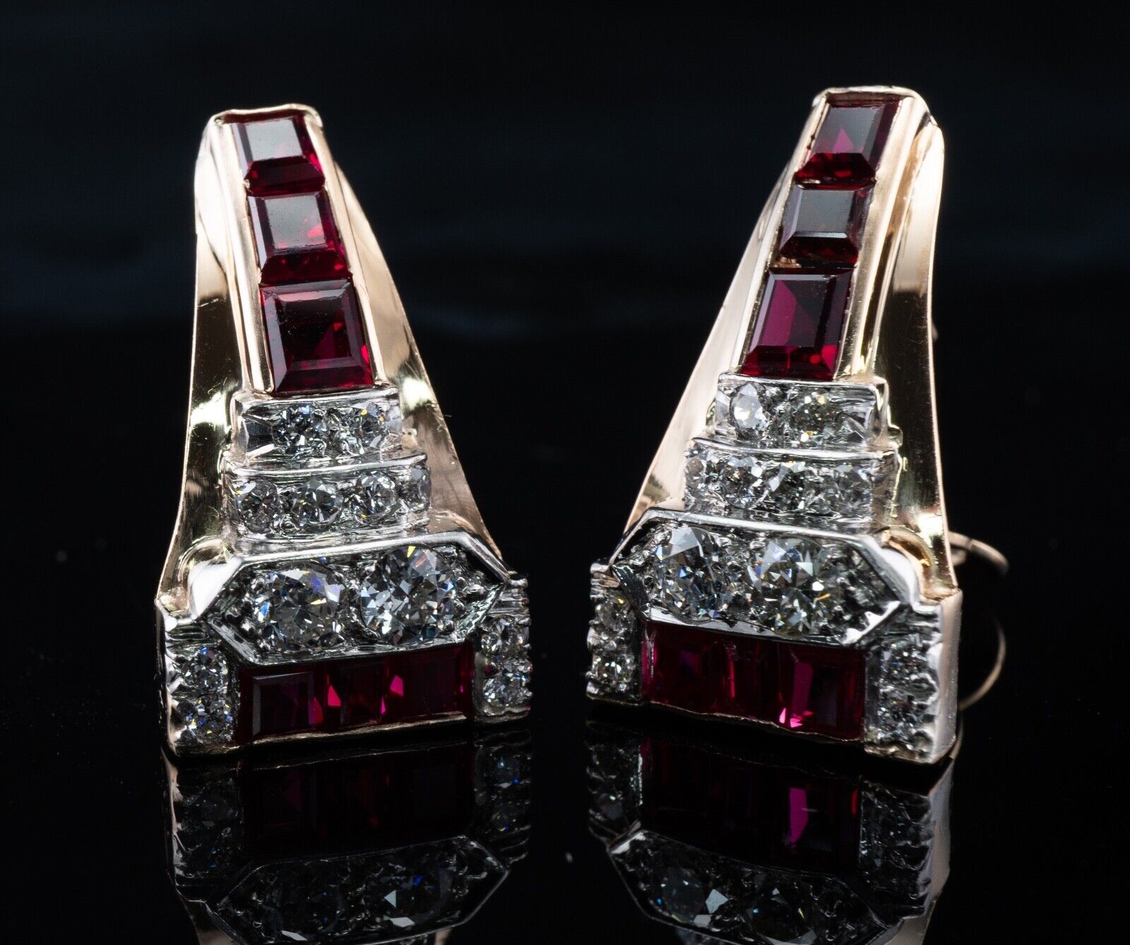 Ruby Natural Diamonds Earrings 14K Gold Retro Vin… - image 2