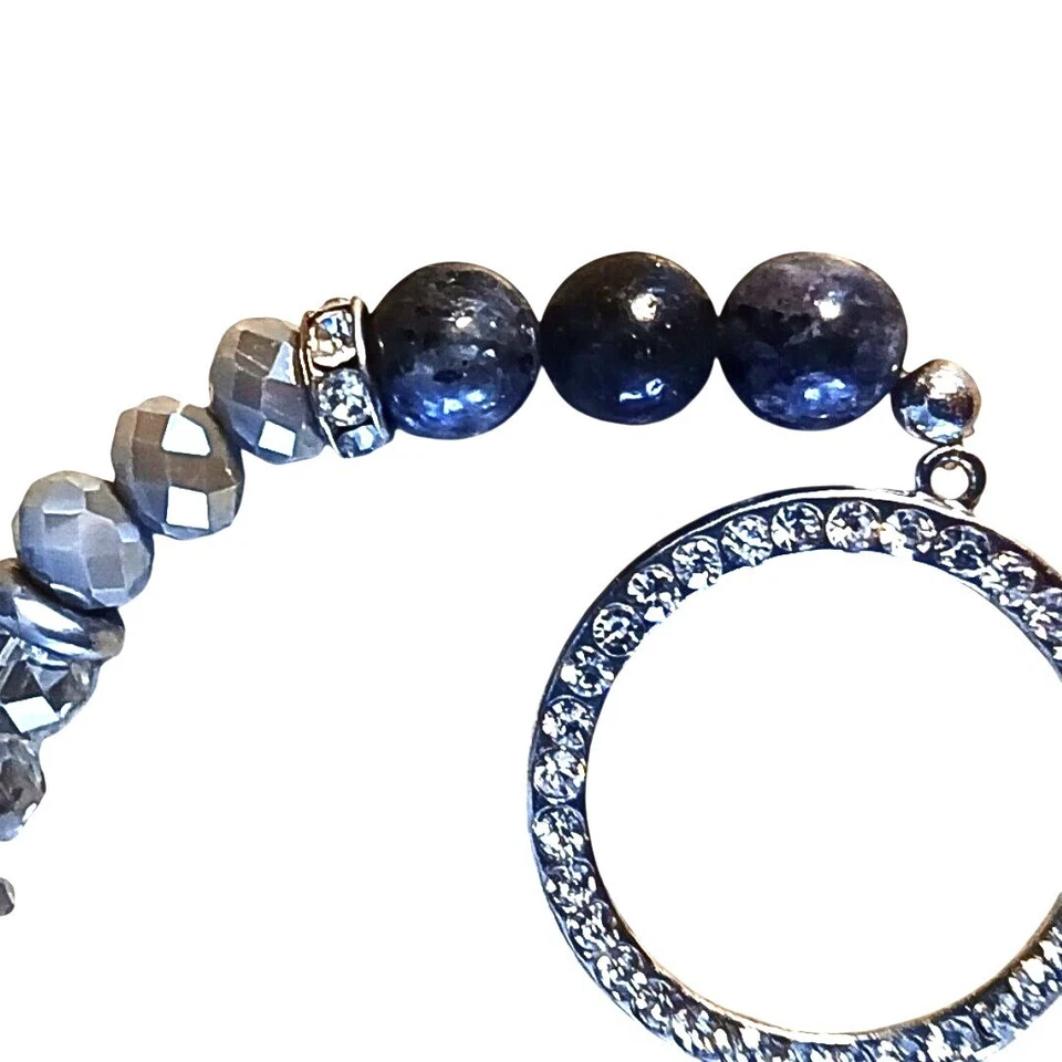 银色水晶黑曜石水钻手链女式串珠圆形珠光 — 第 3/4 张图片