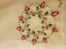 VINTAGE EMBROIDERED CIRCLE OF PINK ROSES BUDS HANDKERCHIEF wedding bridal
