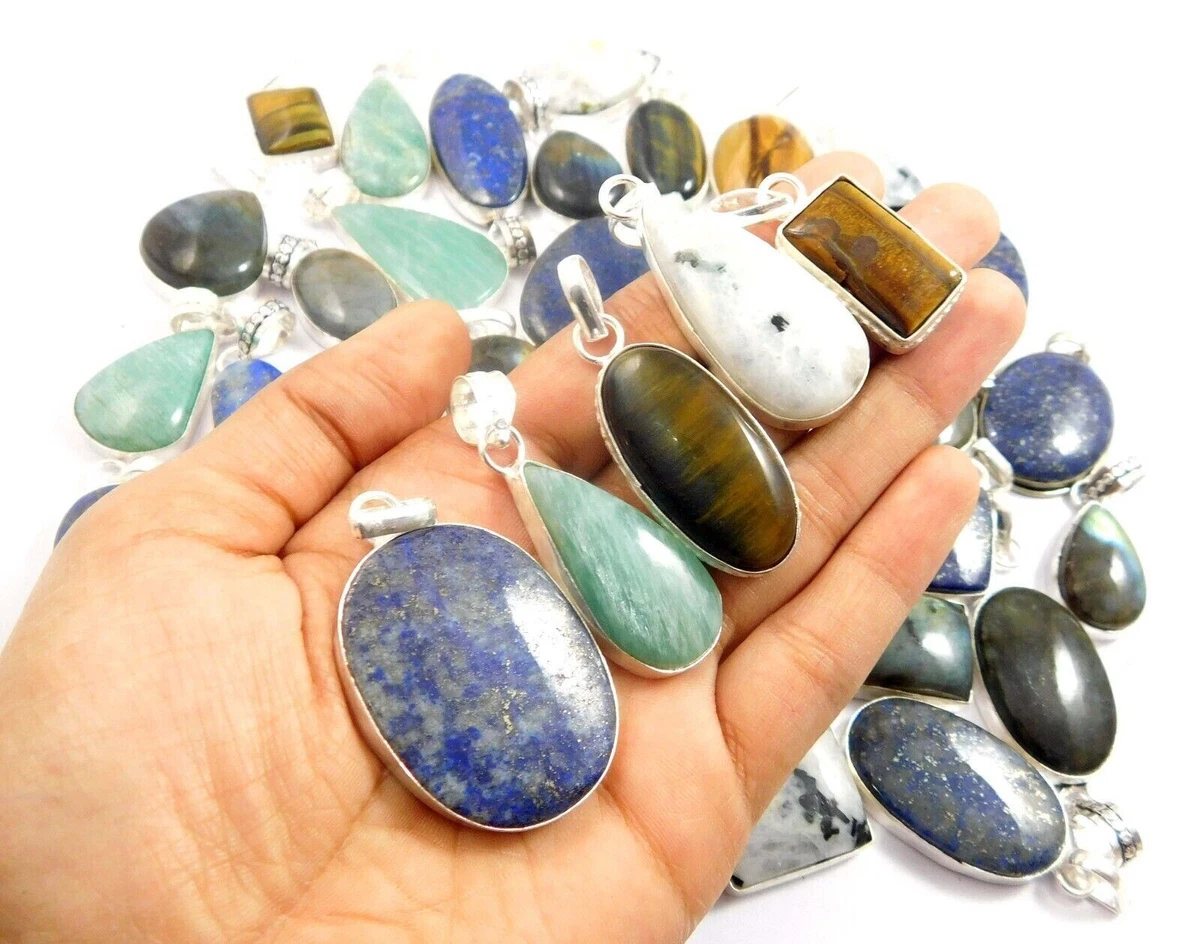 100 Natural Mix Gemstone 925 Silver Plated Pendant Wholesale Lot
