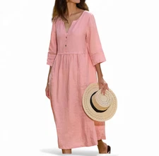 LINTICO LUNA DRESS Pastel Pink GATHERED WAIST MAXI DRESS Loose Fit Linen Shift M