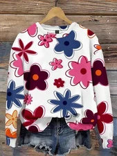 Women’s Maple Leaf Print Round Neck Loose Fit Sweatshirt For Autumn & Winter