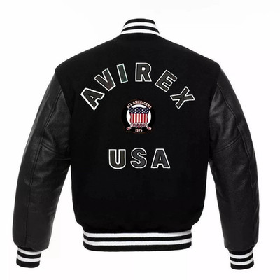 Mens Avirex USA American Flight Bomber Wool & Leather Black Jacket Varsity