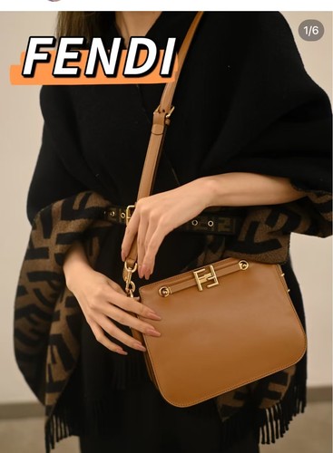 Auth Fendi Touch Caramel Calfskin Gold FF Crossbody Shoulder Bag