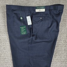 Lauren Ralph Lauren Mens Navy Blue Wool Plaid Ultraflex Dress Pants 52W UNHEMMED