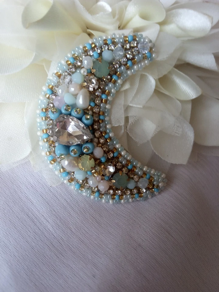 Mint Moon booch ,Elegant Embroidered jewelry ,Statement month pin - Image 2 of 4