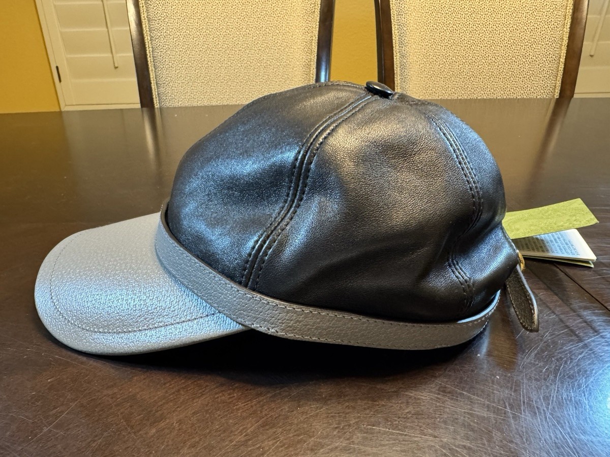 New Authentic Gucci Logo Leather Baseball Hat Black Gray Size M New Authentic Gucci Logo Leather Baseball Hat Black Gray  main image 2