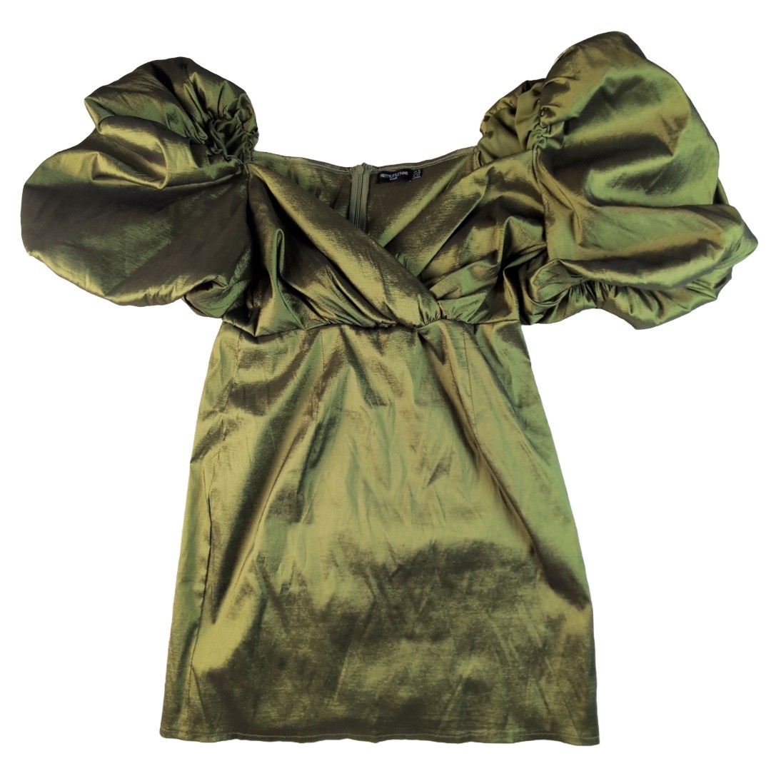 Pretty Little Thing Green Princess Sleeve Puff Sleeve Mini Dress Size 16 Prom