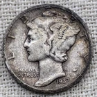 1937 D Mercury Dime Fine : Original Tone, Lower Mintage - .9 Fine Silver Coin
