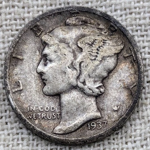 1937 D Mercury Dime Fine : Original Tone, Lower Mintage - .9 Fine Silver Coin