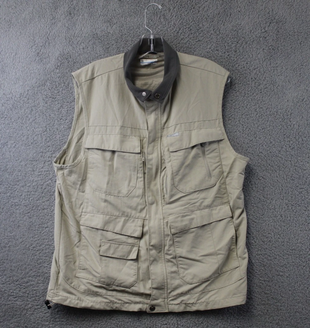 Columbia Vest Mens M Tan Omni-Shade Snap Button w Back Pocket Outdoor Fishing