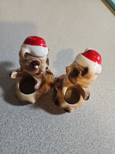 Vintage Christmas Candle Holder Set Raccoon Santa Hat Red and White Ceramic - Picture 4 of 5