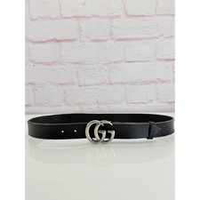 Authentic Gucci Black Raw Edge Leather Marmont Belt Silver Buckle 414516 85/34
