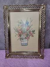 Vintage Floral Cross Stitch In Gold Tone Filigree Frame