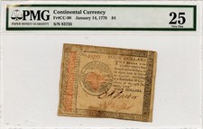 January 14, 1779 $4 Continental Currency Note S/N #83735 Fr.#CC-90 PMG VF 25