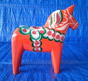1970s Vintage NILS OLSSON 7" Red/Orange Swedish DALA HORSE Hand Painted w/ Label