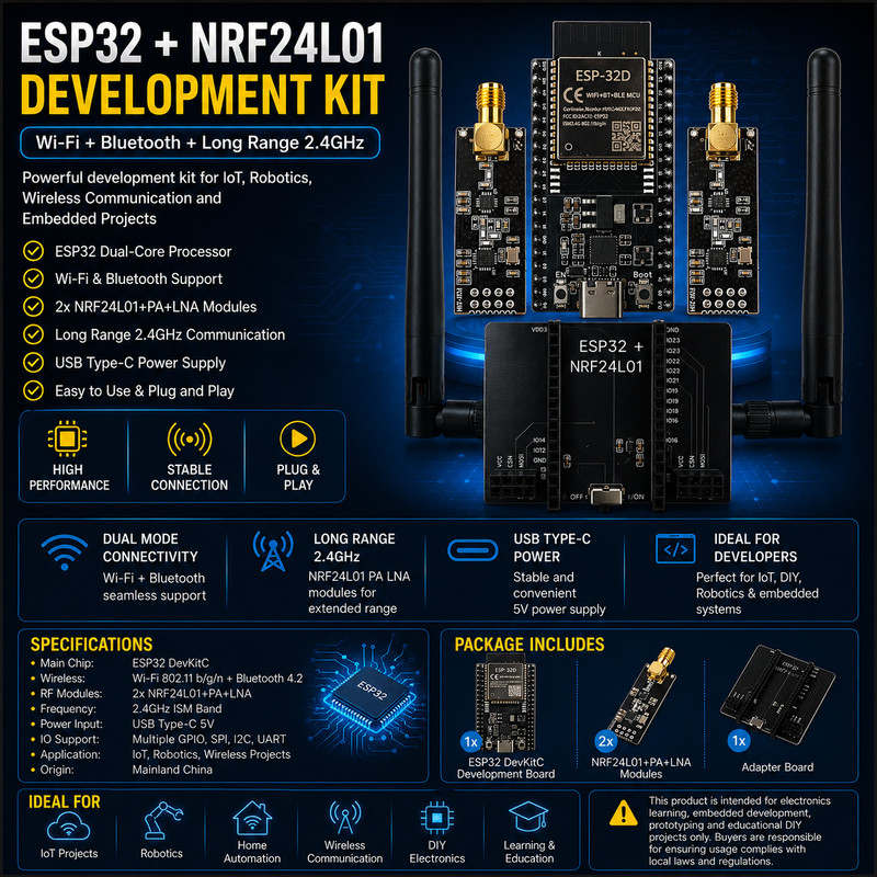 ESP32 DevKitC NRF24L01 PA LNA 2.4GHz Wireless Module IoT Development Kit