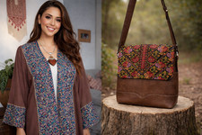 Palestinian Tatreez Abaya Dress plus handmade embroidery shoulder Leather bag