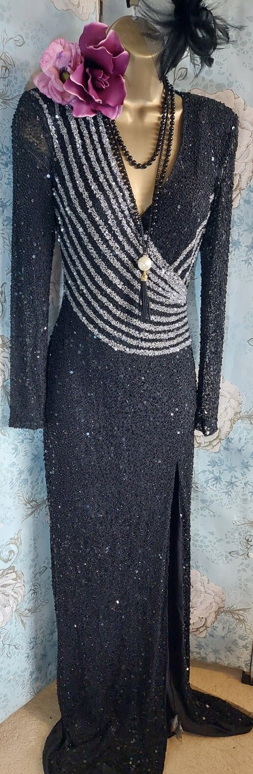 rare Karen millen black silver beaded evening Cocktail Party Long Slit dress 6 8 image 8