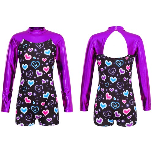 Kids Girls Unitard Gym Swimsuit Ballet Jumpsuit Shiny Activewear Running Dance - Picture 3 of 48