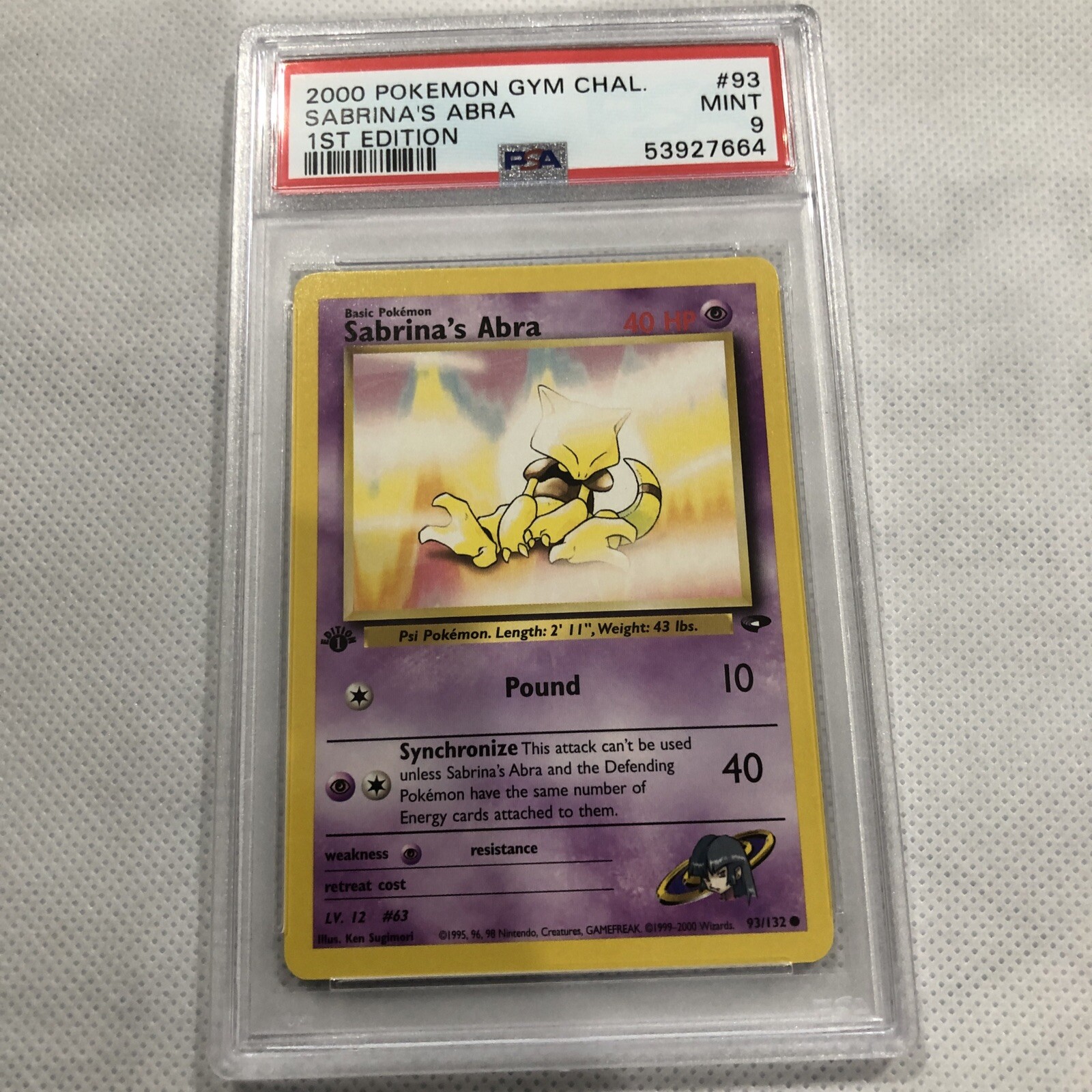 2000 Pokemon Gym Challenge 1st Edition Sabrina's Abra 93/132 PSA 9 MINT