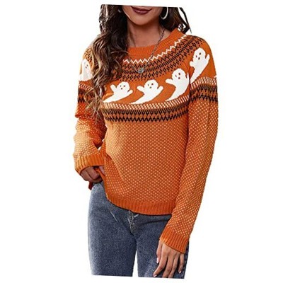 JUNBOON Women s Casual Leopard Print Knitted Pullover X-Large A2-orange