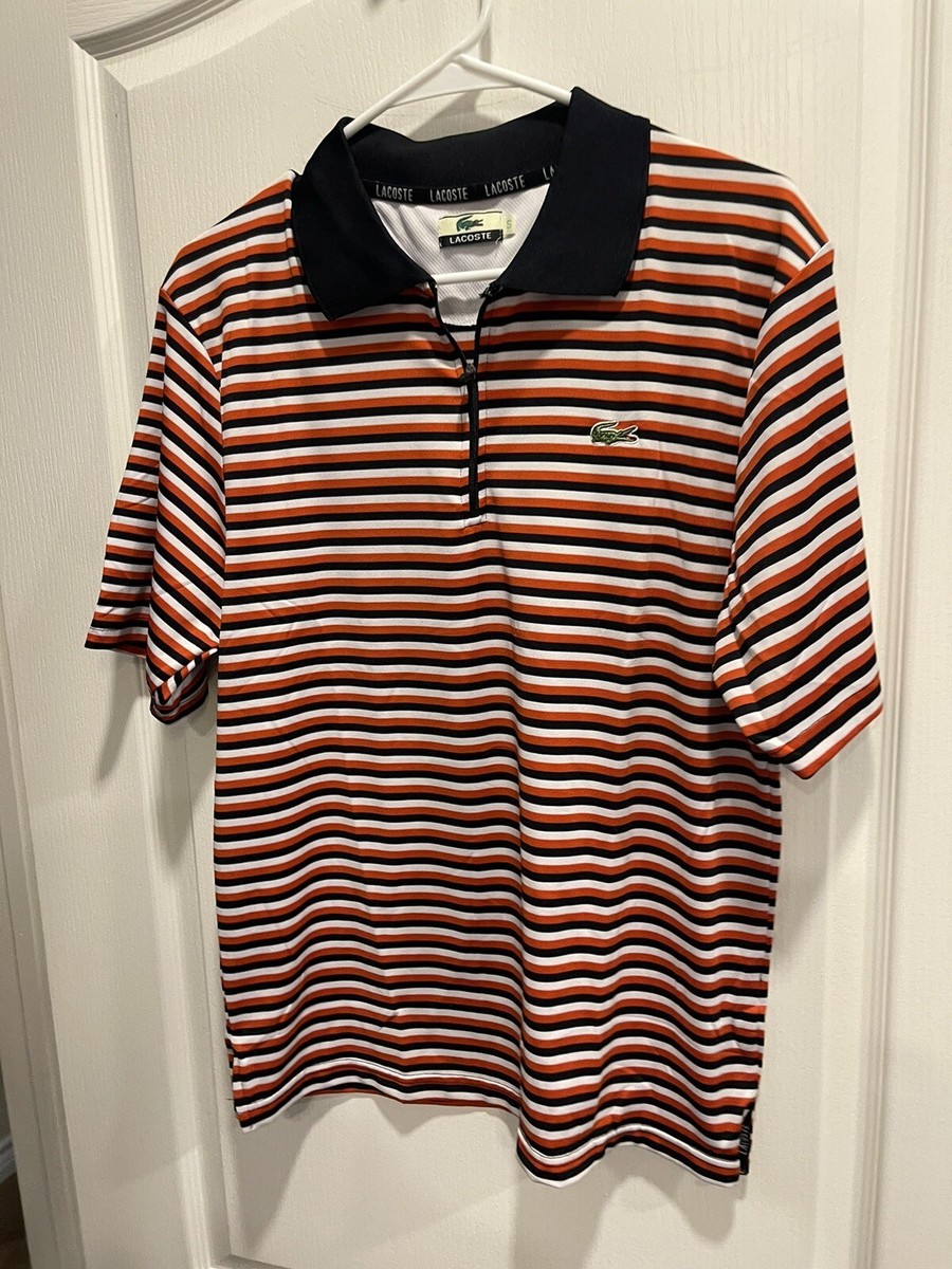 Lacoste Sport Men's Orange black White Striped 1/4 Zip Polo Shirt