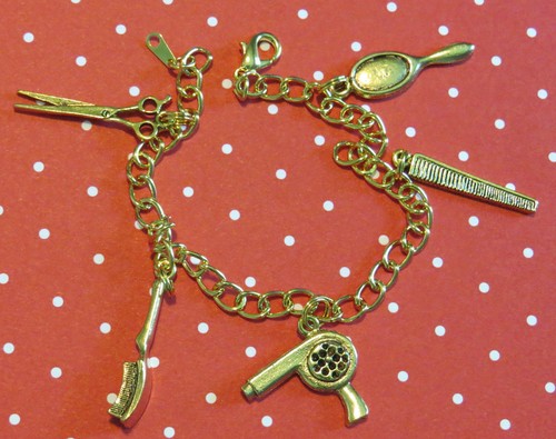 Hair Stylist Cosmetologist Charm Bracelet 24 Karat Gold Plate 8 Inch Blow Drier - Picture 2 of 7