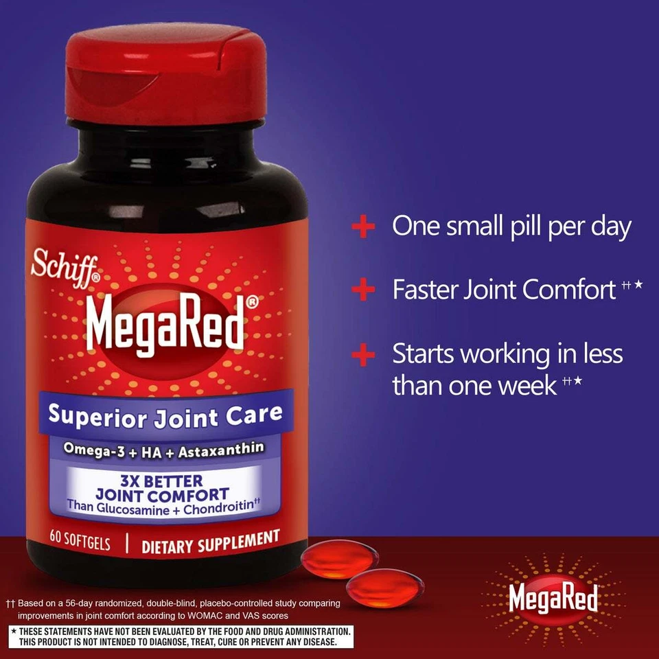 Schiff MegaRed Superior Joint Care 60 Softgels Omega-3 Krill Oil Hyaluronic Acid - Image 2 of 3