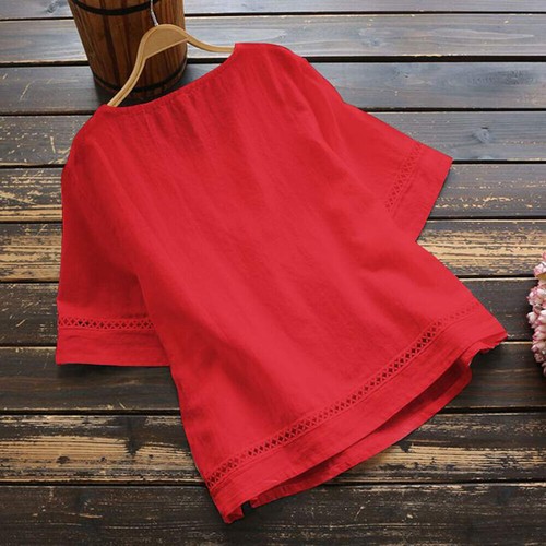 Women Cotton Linen Tunic Tops Shirt Summer Casual Baggy Plain Blouse Plus Size#A - Picture 18 of 27