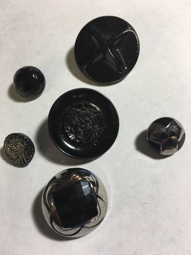Vintage 6 Fancy Black Glass Silver Luster Carved Flower Button Lot 51-26