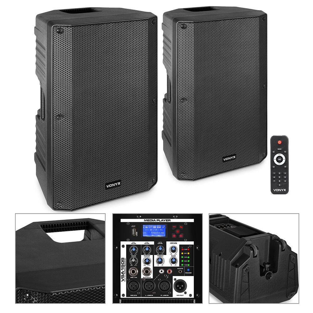 15" Active DJ PA Speakers with Bluetooth, USB, 1000W Powered Pair