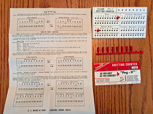 Vintage Susan Bates Peg-It Knitting and Crochet Counter, White with 10 Red Pegs