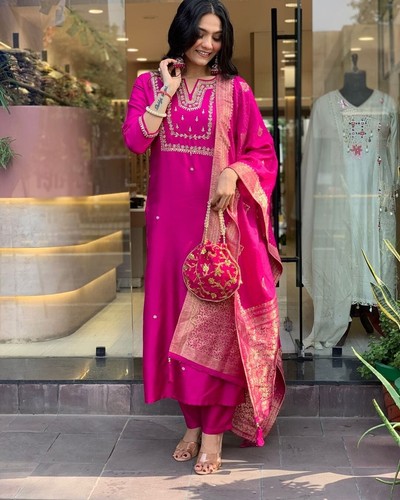 Wedding Pink & Red Salwar Kameez Dupatta Set Embroidery Palazzo Kurta Kurti Pant - Picture 16 of 25