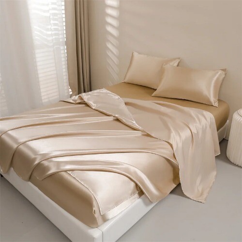Satin Bed Sheets Sheets Set 4Pcs Silky Bedding Set Sheet Sheet + 2 Pillowcases - Picture 18 of 35