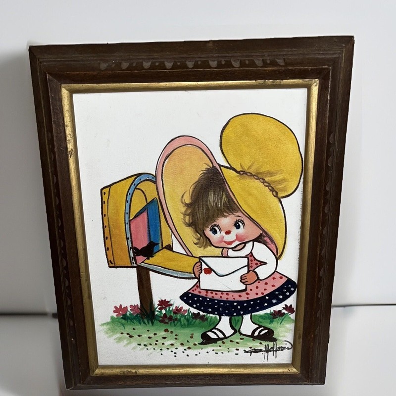 Vtg 1970s Retro Girl Getting Mail Painting on Canvas Framed Folk Art Signed VHTF