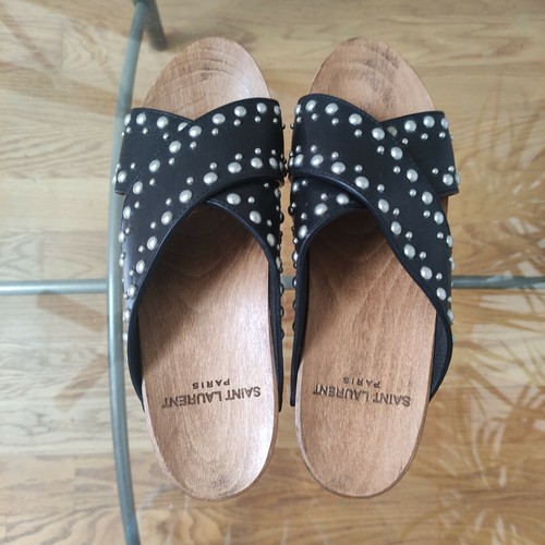 Saint Laurent Paris Studded Wood Platform Clog Slide Black women's 37 - Picture 3 of 11